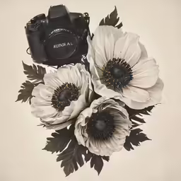 flowers are arranged on the table with the camera in front of them