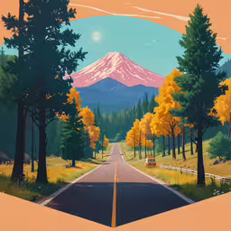 a painting of the same scene in another picture as if they were nature,a painting of a forest and road with trees