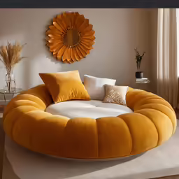 a large circular bed in front of a window