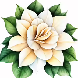 a large white flower with green leaves around it