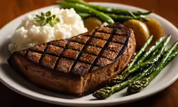 a plate topped with steak and mashed potatoes next to green asparagus