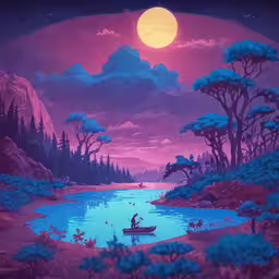 a cartoon image of people on a boat at dusk,a river is in front of some mountains with trees