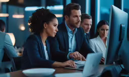 a group of people working on computers in a business setting
