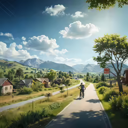 a person is riding on a motorcycle down a country road