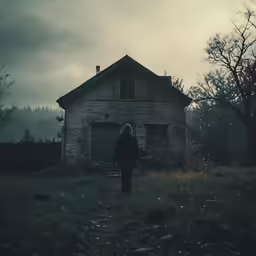 a woman standing on a path in front of an abandoned house
