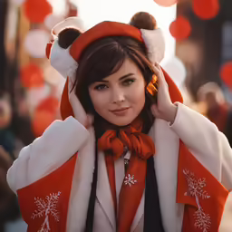 a woman in an orange scarf is wearing red and white