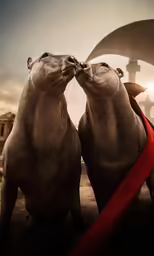 two animals are touching noses with red ribbons