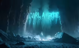 a cave with cave entrance and person walking through
