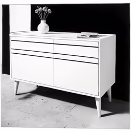 a white dresser with a vase and flowers