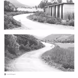 black and white landscape of a road with building in background