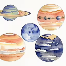 a watercolor painting of four planets,a set of four watercolored planets with their sun in the background
