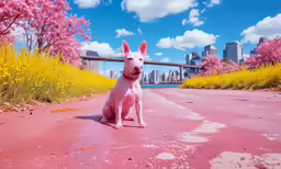 a white dog is sitting in the road