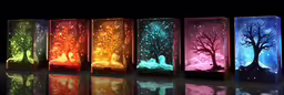 a row of different colored glass lights with trees,the colorful lamp is shaped like a night sky