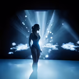 a woman in a bikini standing under a spotlight