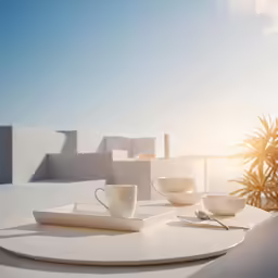 two cups are sitting on a white table