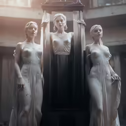 two white mannequins dressed in evening gowns