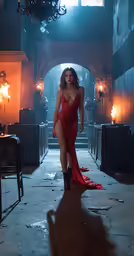 sexy woman in red dress standing alone in dimly lit hallway