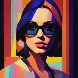 a girl in a striped dress, black sunglasses and a headscarf is painting,a woman wearing sunglasses and wearing colorful striped shirt