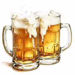two mugs with cold beer and white foam