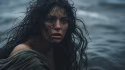 a woman standing in the water with wind blowing her hair,a close up shot of a girl with long black hair in the water