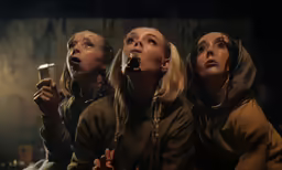 three people that are staring up into the sky