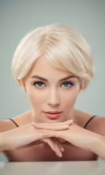a woman with blond hair and blue eyes, wearing black