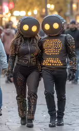 two people dressed as aliens walk down the sidewalk