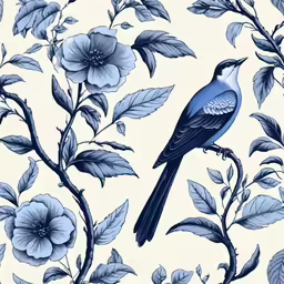 blue bird sitting on a branch with flowers