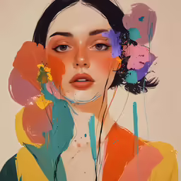 a woman is wearing a colorful top and has flowers in her hair