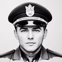 an officer is shown in the photo in this black and white portrait