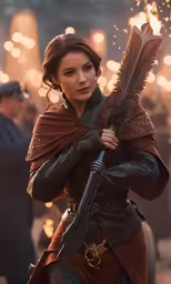 a woman in leather clothes holding a rifle