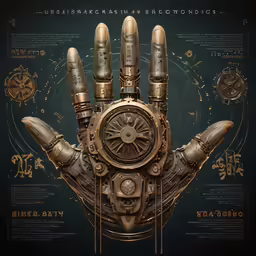 there is a gold robotic hand with many gears