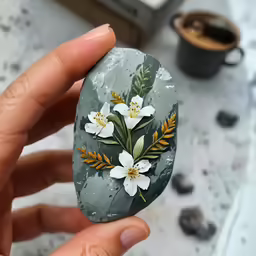 hand holding a rock with flowers on it