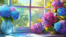 a painting of flowers sitting on a windowsill,a painting of flowers that is standing next to a window