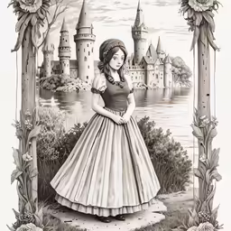 a woman wearing a dress in front of a castle