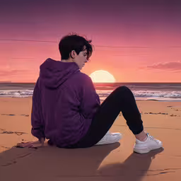 a man sitting on the beach watching the sunset,the young man is sitting down on the beach