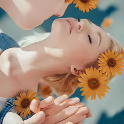 a woman has sunflowers floating from her mouth to the ground