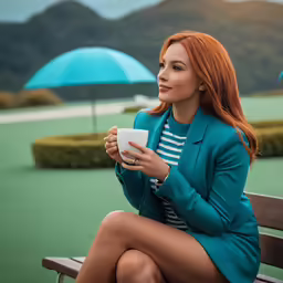 a young woman sitting on a bench drinking coffee
