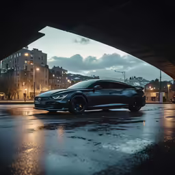 a car parked underneath an overpass on a cold night