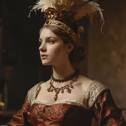 woman wearing ornate dress and headpiece, in old style dress