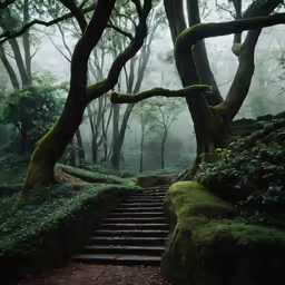a set of steps on either side of a lush green forest filled with trees