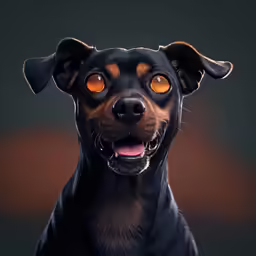 a black and tan dog with an intense orange eye