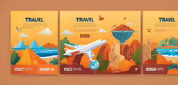 two travel brochures each with a different design,an air plane flies over the landscape on three different covers