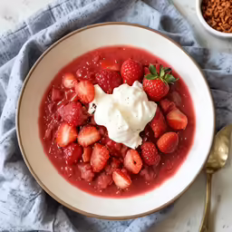 a bowl filled with fruit and cream on top of a table
