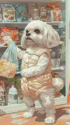 a dog in front of a refrigerator wearing a vest,a dog in a sweater and vest standing next to a refrigerator