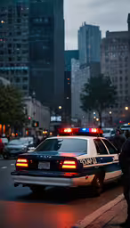 a police car parked at a curb near a city building,there is a police car parked in the street