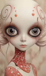 a doll with very big eyes has hair on top
