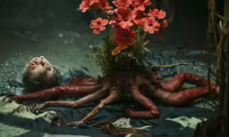 a painting of a woman laying down and flowers growing from her head