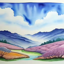 a painted landscape with mountains and trees,a painting with purple clouds in the sky and mountains