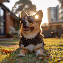 dog wearing sun glasses with his collar on in the grass,a dog that is sitting in the grass